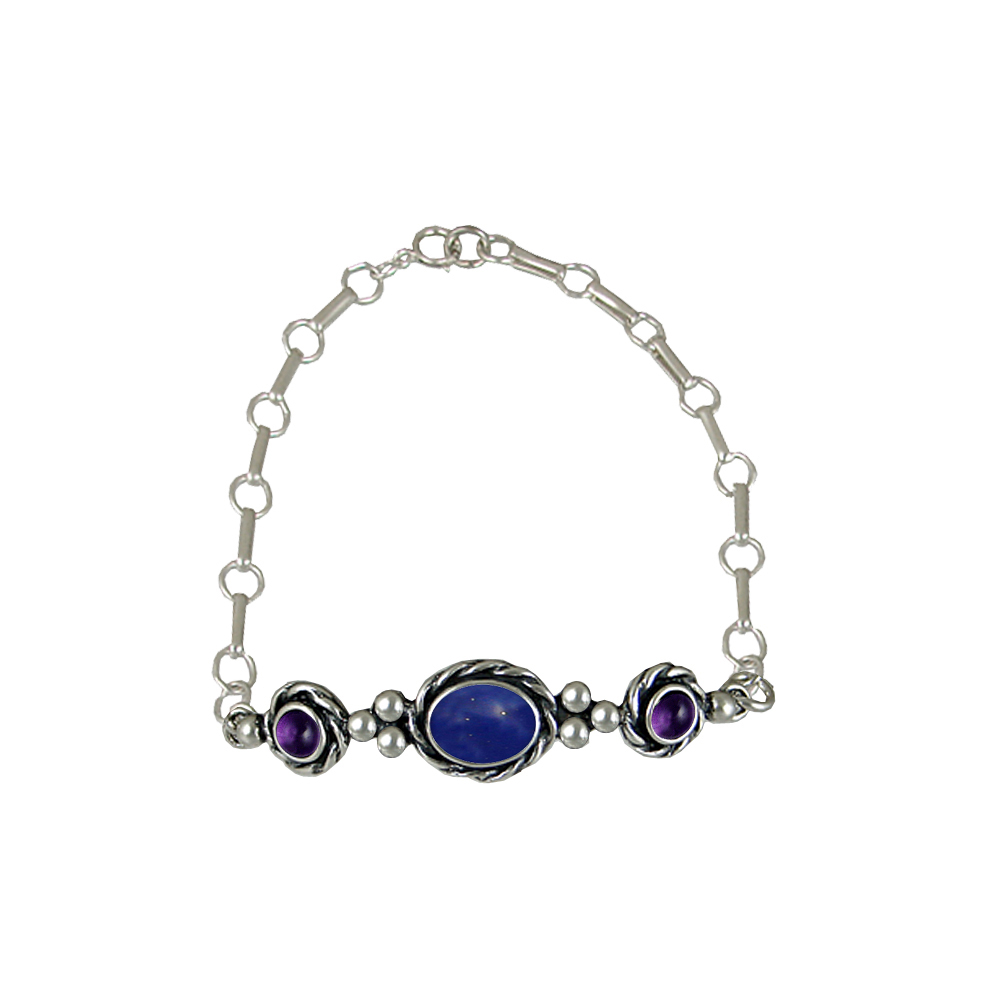 Sterling Silver Gemstone Adjustable Chain Bracelet With Lapis Lazuli And Amethyst